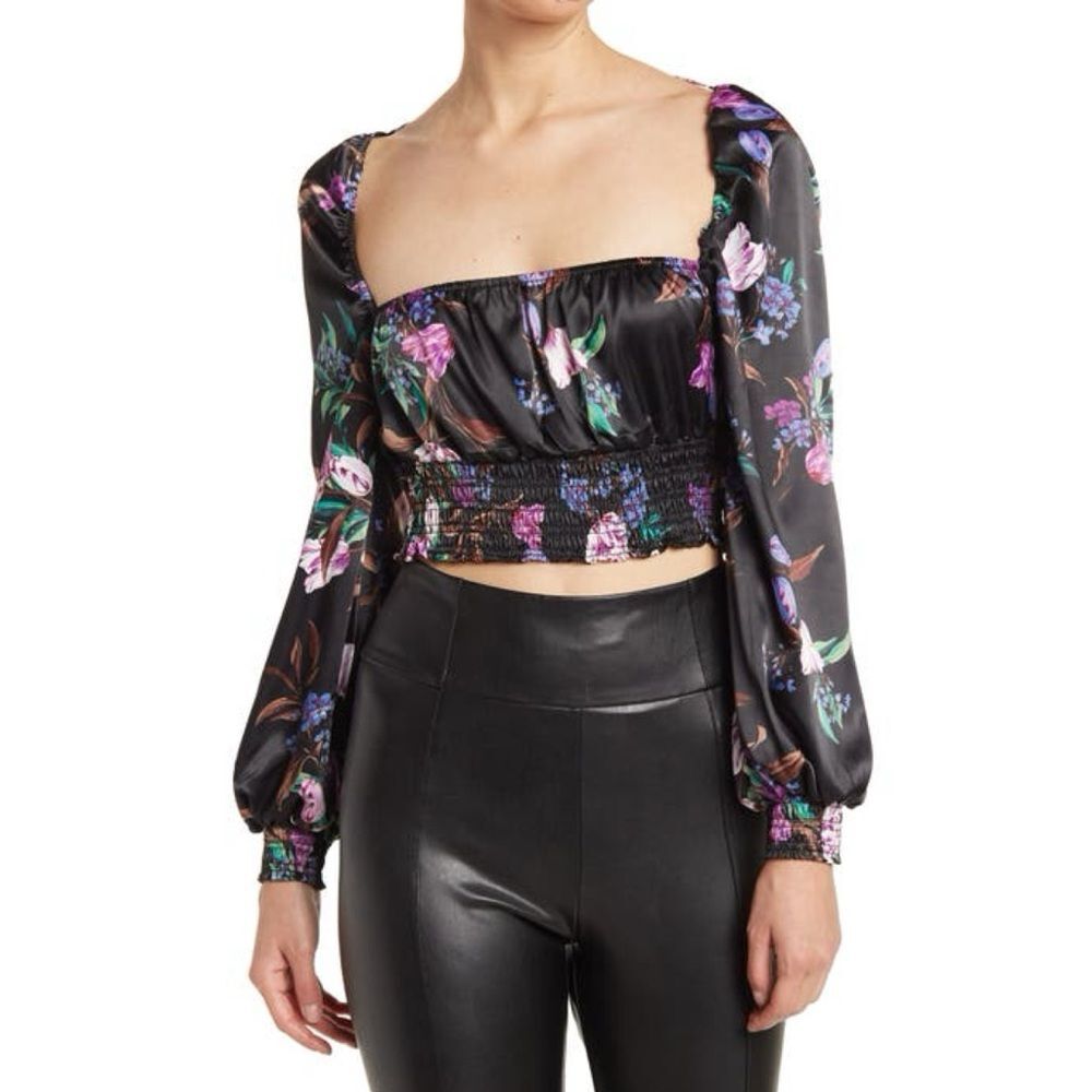 AFRM Florisa Satin Long Sleeve Smocked Top in Noir Bouquet Floral